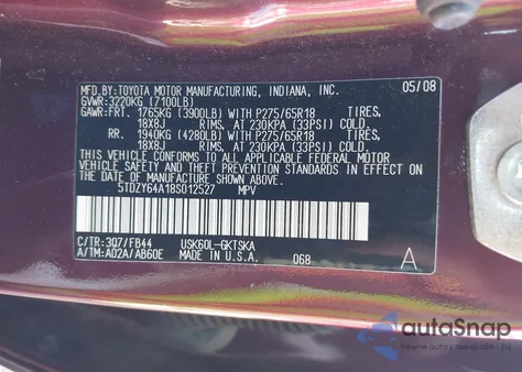 2008 Toyota Sequoia Sr5 5.7L V8 z USA, uszkodzony, nr VIN 5TDZY64A18S012527